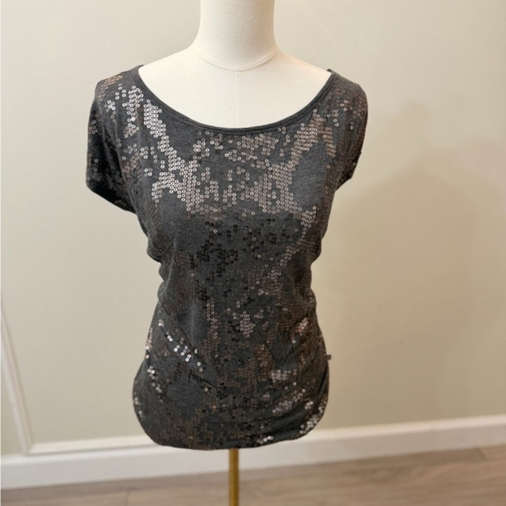 Michael Kors Charcoal Gray Sequin Scoop Neck Top